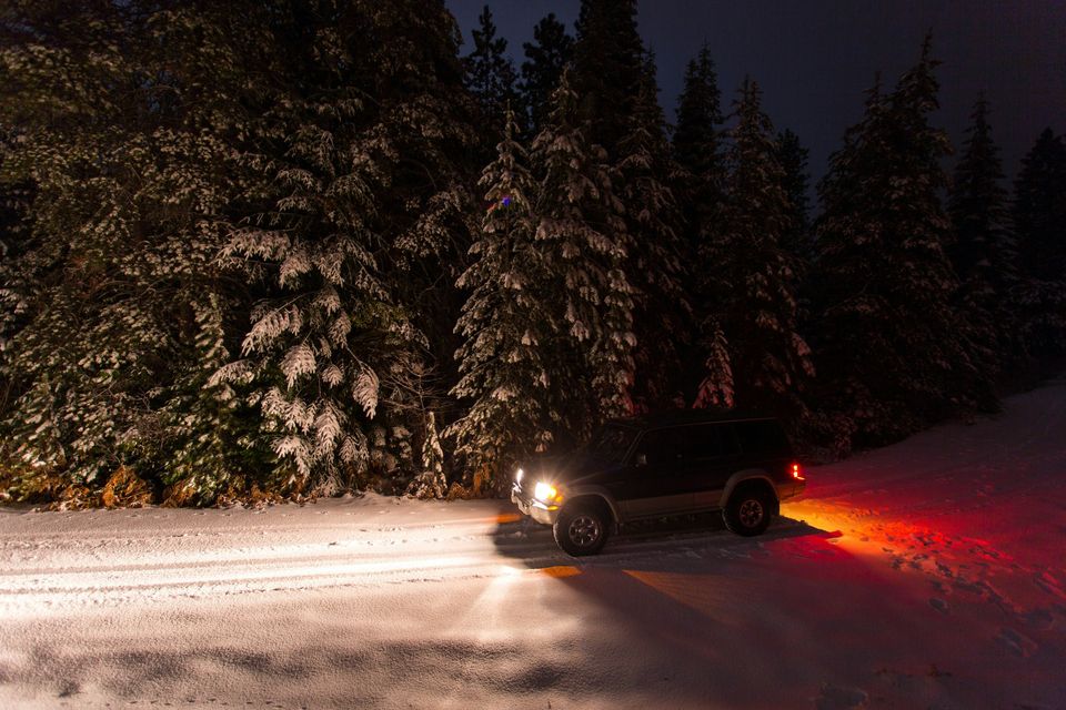 A car’s headlights lighting up snow among dark spruce trees