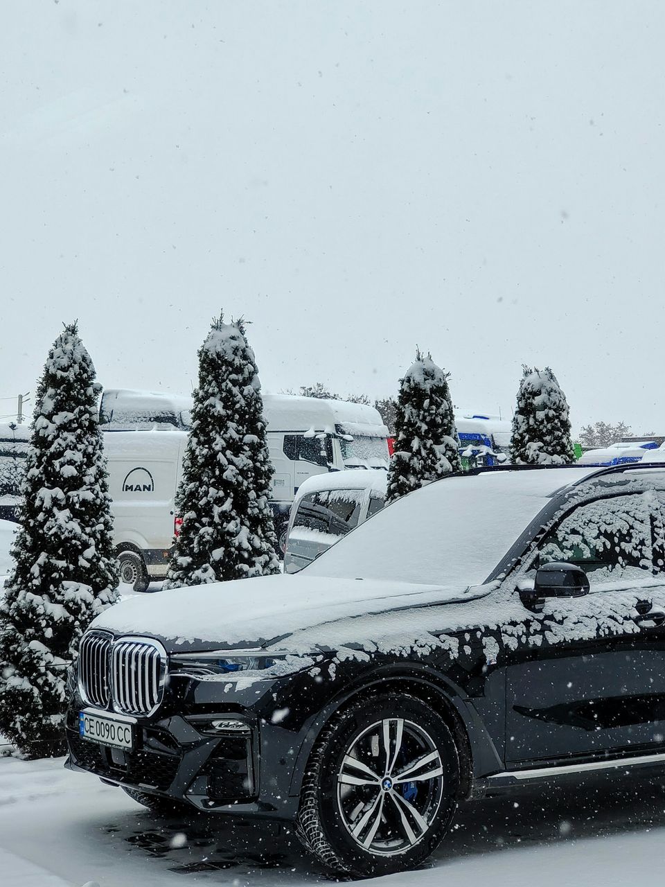 A black SUV dusted with snow beside frosted fir trees